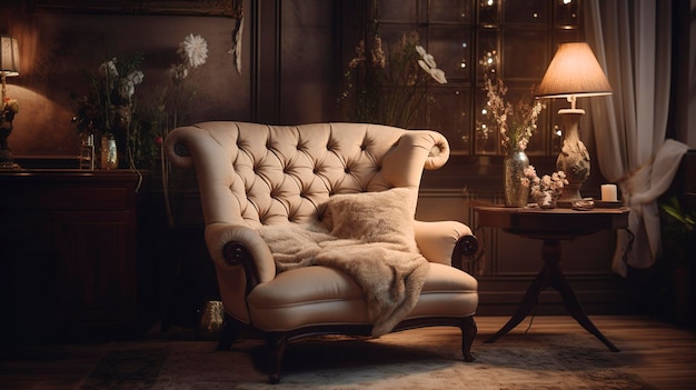 Ein Foto einer gemütlichen Ecke in einem Salon mit stilvollen Möbeln