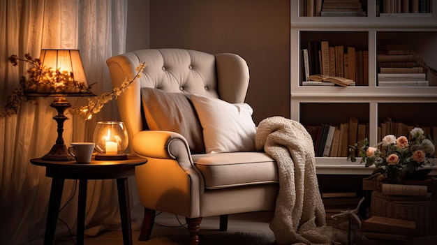 Ein Foto einer gemütlichen Lesecone mit einem bequemen Sessel und weichem Lampenlicht
