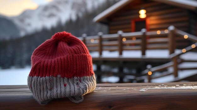 Foto ein foto einer gemütlichen strickmütze neben einer berghütte