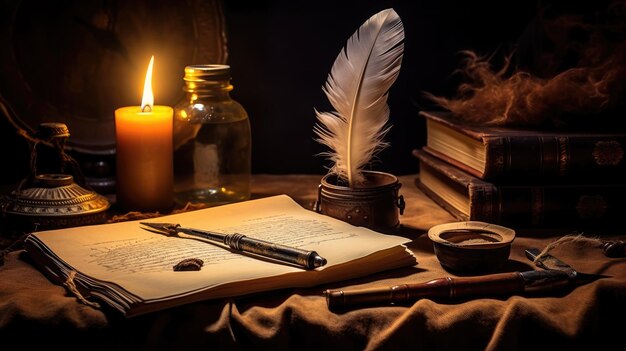 Ein Foto einer Geschichtenerzählerfeder und Pergament auf einem Schreibtisch bei warmem Lampenlicht