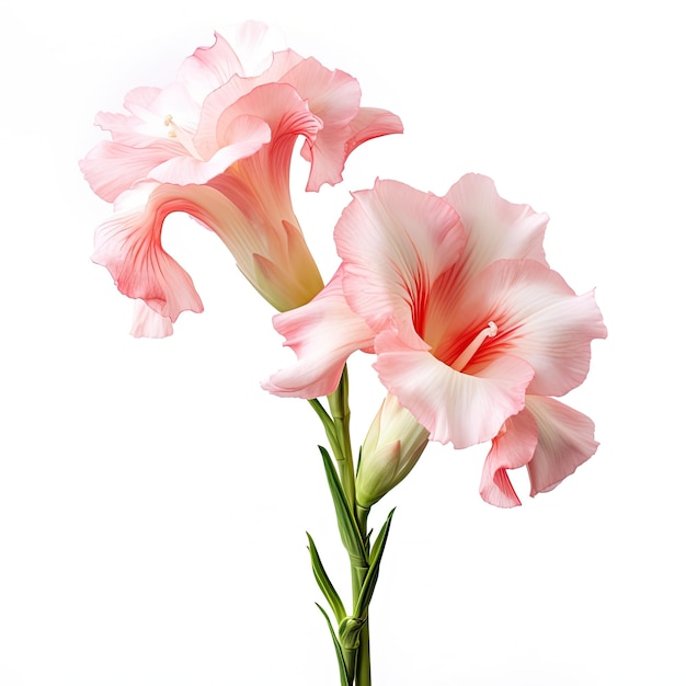 Ein Foto einer Gladiolenblume mit realistischem weißem Hintergrund, generiert durch künstliche Intelligenz