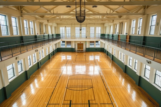 Foto ein foto einer großen turnhalle mit einem basketballplatz im inneren, der mit den notwendigen markierungen und ausrüstungen ausgestattet ist ein ausgedehnter blick auf eine turnhalle vom balkon aus