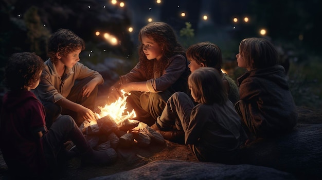 Ein Foto einer Gruppe von Kindern um ein Lagerfeuer herum