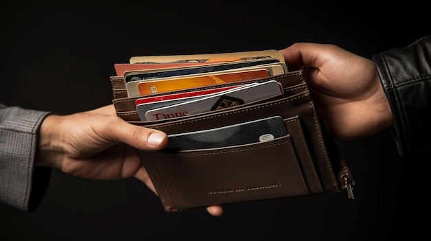Ein Foto einer Hand, die eine Brieftasche mit Bargeld und Kreditkarten hält