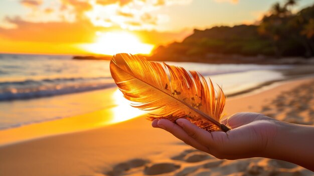 Ein Foto einer Hand, die einen tropischen Strandhintergrund mit Federn hält