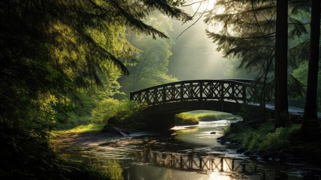 Ein Foto einer hölzernen Gitterbrücke mit Wald und Fluss als Hintergrund