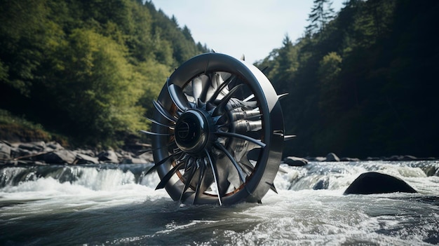 Ein Foto einer hydrokinetischen Turbine in einem fließenden Fluss