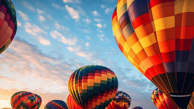 Ein Foto einer hyper detaillierten Aufnahme einer Flotte von Heißluftballons, die sich auf den Start vorbereiten