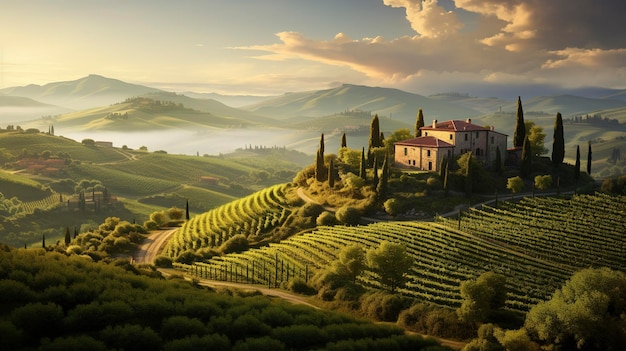 Ein Foto einer hyper detaillierten Aufnahme einer malerischen Landschaft mit sanften Hügeln