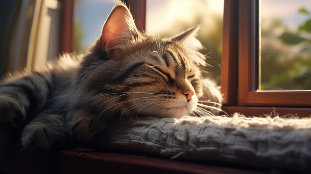 Ein Foto einer Katze, die sich auf einem gemütlichen Fensterstand ausruht
