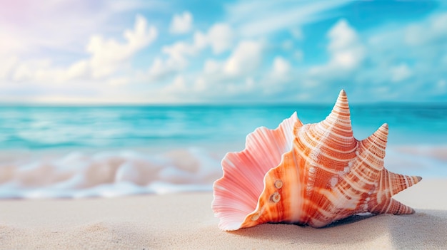 Ein Foto einer Korallen-rosafarbenen Muschelschale auf einem Sandstrand mit türkisfarbenem Ozean als Hintergrund