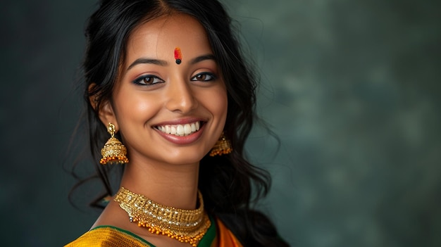 Ein Foto einer lächelnden jungen indischen Frau in traditioneller Sari-Kleidung