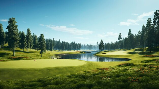 Ein Foto einer malerischen Aussicht auf einen von Wasser umgebenen Golfplatz