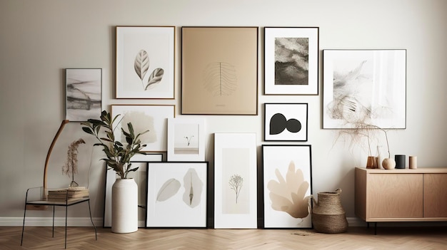 Ein Foto einer minimalistischen Galeriewand mit Schwarz-Weiß-Kunstwerken