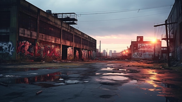 Ein Foto einer mit Graffiti bedeckten verlassenen Fabrik mit industriellem Ödland als Hintergrund