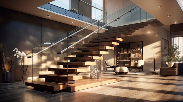 Ein Foto einer modernen schwebenden Treppe mit Glasbalustraden