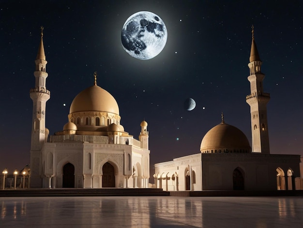 ein Foto einer Moschee mit Mond und Planeten im Hintergrund