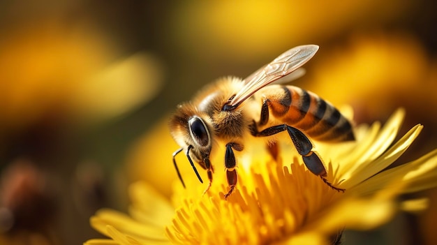 Ein Foto einer Nahaufnahme einer Biene auf einer Blume, die Pollen von einer Blume sammelt