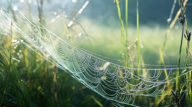 Foto ein foto einer nahaufnahme eines von tau bedeckten grashintergrunds eines spinnenwebs