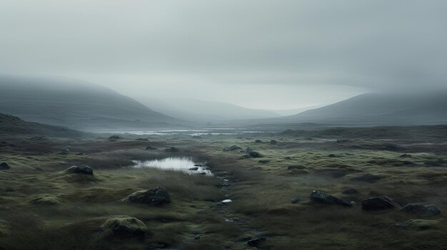 Ein Foto einer nebligen, rauen Moorlandschaft