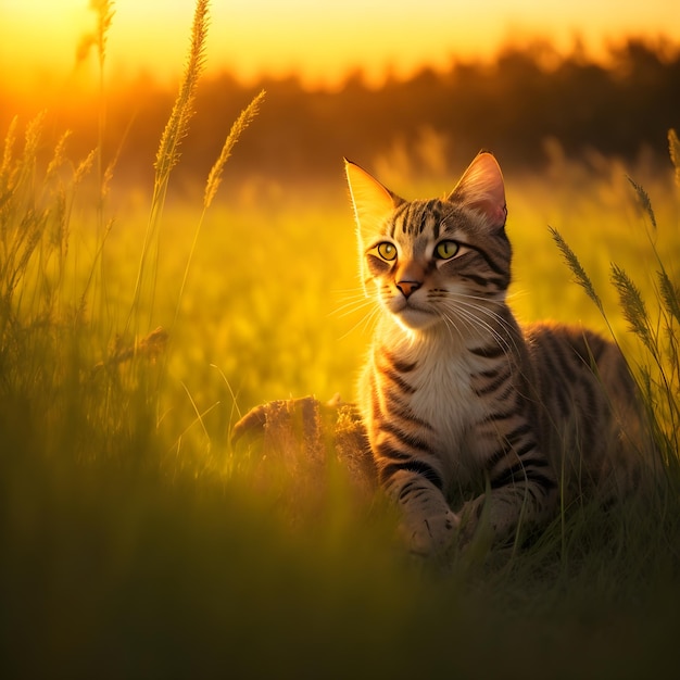 Ein Foto einer niedlichen, nicht domestizierten, erstaunlichen Katzennatur in der grasbewachsenen Savanne bei Sonnenuntergang, die von der KI erzeugt wurde