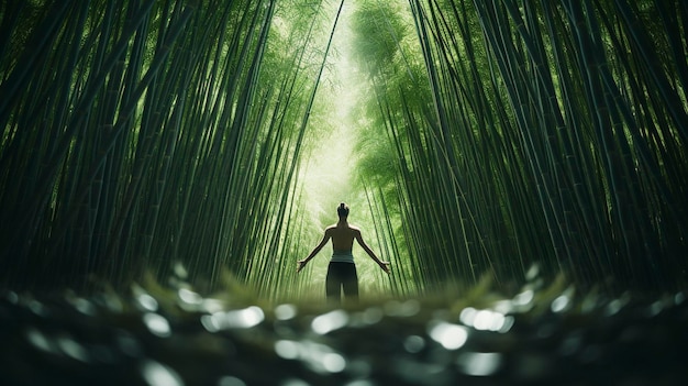 Ein Foto einer Person, die in einem Bambus Yoga übt
