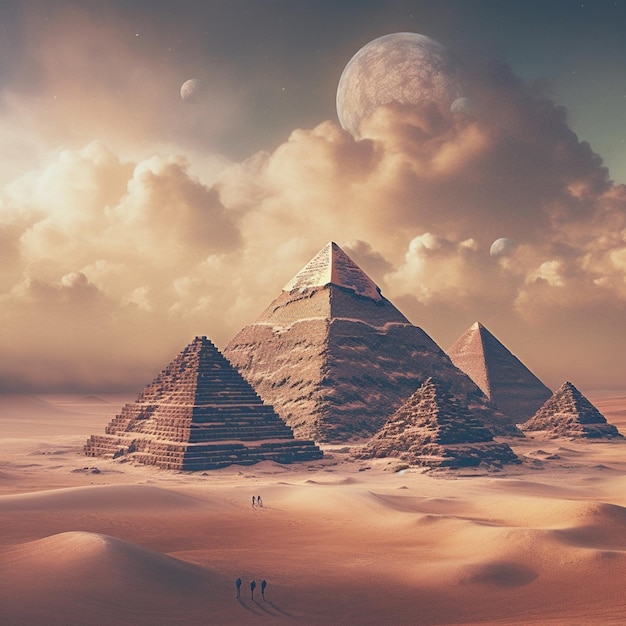 Ein Foto einer Pyramide in der Wüste mit einem Mond im Hintergrund.