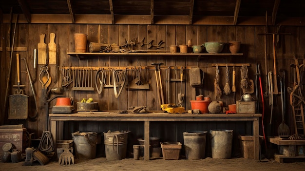 Ein Foto einer Sammlung von landwirtschaftlichen Werkzeugen in einem Schuppen