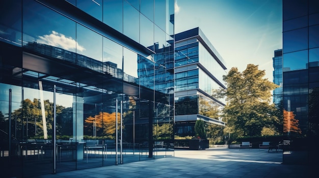 Ein Foto einer schlanken reflektierenden Glasfassade eines Bürogebäudes