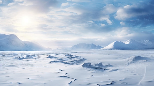 Ein Foto einer schneebedeckten arktischen Tundra in der Ferne