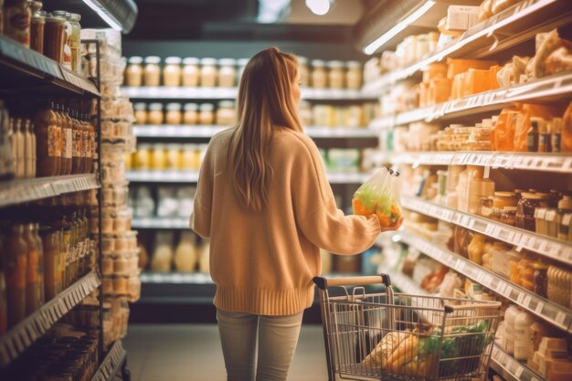 ein Foto einer schönen Frau, die im Supermarkt einkauft