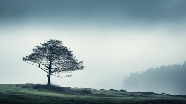Ein Foto einer Silhouette eines einsamen Baumes vor einem nebligen Morgenhimmel mit nebligem Waldhintergrund
