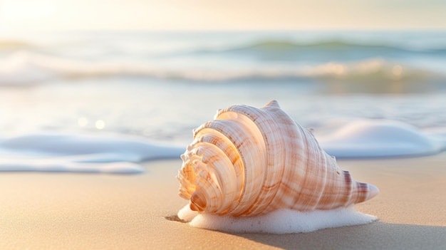 Ein Foto einer spiralförmigen Muschel mit Sandstrand als Hintergrund