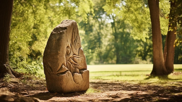 Foto ein foto einer steinskulptur in einem park mit bäumen im hintergrund