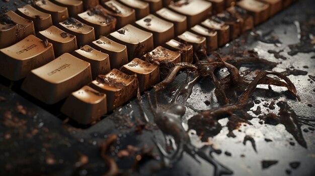 Ein Foto einer Tastatur mit abgenutzten Tasten und Kaffeeflecken