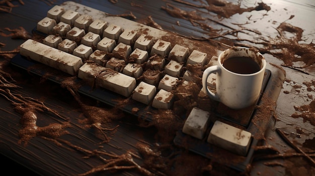 Ein Foto einer Tastatur mit abgenutzten Tasten und Kaffeeflecken