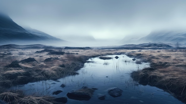 Foto ein foto einer tundra mit gefrorenen seen, nebligem morgennebel