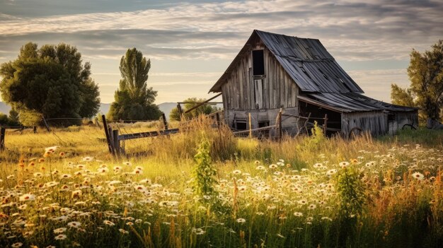 Foto ein foto einer verwitterten holzschuppe, die von wildblumenfeldern umgeben ist