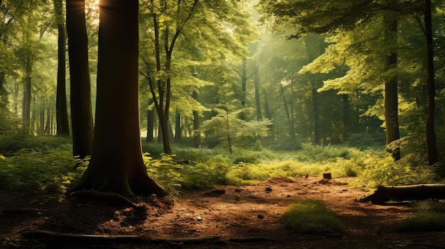 Ein Foto einer Waldfläche, die von Sonnenlicht geprägt ist