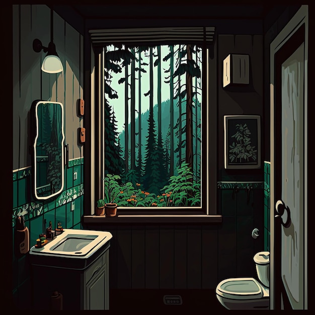 Ein Foto einer Waldhütte im Wohnzimmer, glücklicher Tag mit Wäldern, die aus dem Fenster schauen. Ein stilvolles Zimmer