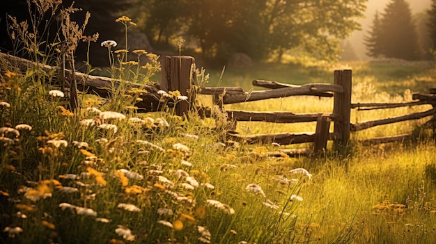 Ein Foto einer Wiese mit einem rustikalen Holzzaun mit Wildblumen