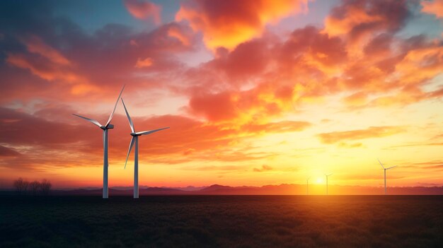 Ein Foto einer Windturbine mit einem lebendigen Sonnenuntergang