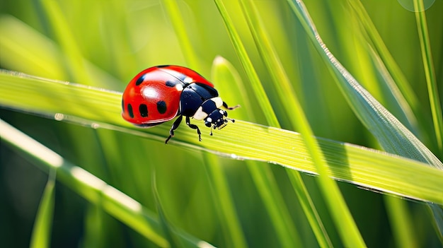 Ein Foto einer winzigen Marienkäfer auf einem Grasblatt mit sonnigem Wiesen-Hintergrund