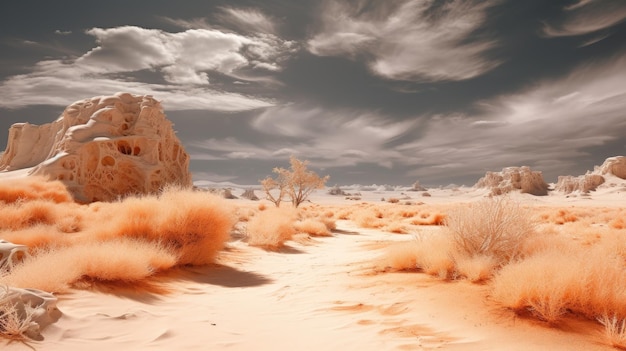 Foto ein foto einer wüste mit infrarotbeleuchtung in surrealen gelb- und braunfarben