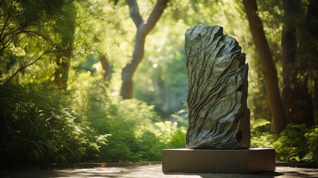 Foto ein foto einer zeitgenössischen skulptur mit einem park-hintergrund, der von sonnenlicht geprägt ist
