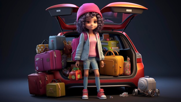 Ein Foto eines 3D-Charakters auf einer Lasttasche für Straßenreisen