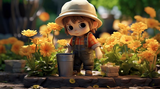 Ein Foto eines 3D-Charakters in einer Gartenwerkstatt