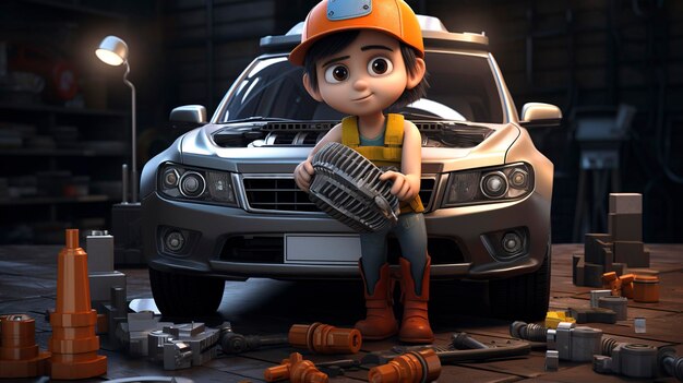 Ein Foto eines 3D-Charakters repariert eine Heizung für Autos