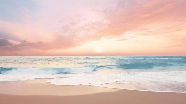 Ein Foto eines abgelegenen Strandes bei Sonnenuntergang in weichen Pastellfarben