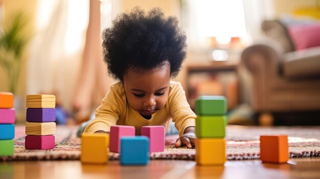 Ein Foto eines afroamerikanischen Kindes, das mit bunten Würfeln und auf dem Boden liegenden Spielsachen spielt